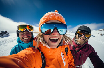 Sport and travel backgrounds. Winter, ski, snow and fun. Family enjoying ski holiday and taking selfie. - obrazy, fototapety, plakaty