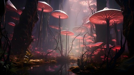 a  forest fantasy wallpapers with pink mushrooms for fantasy world - obrazy, fototapety, plakaty
