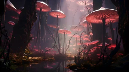 Schilderijen op glas a  forest fantasy wallpapers with pink mushrooms for fantasy world © TERKWAZ