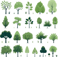Set of green trees. Vector illustration isolated on a white background.