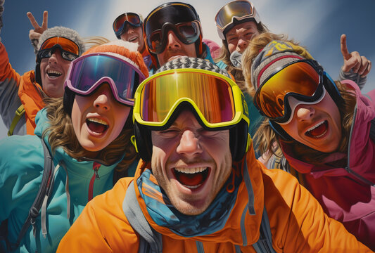 Group of cheerful friends on winter holidays. Skiers having fun on the snow and making selfie.
