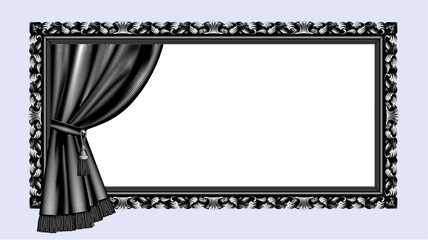 Engraved vintage black and white drawing of a classic horizontal frame with a black curtain isolated on white. Presentation sign and poster template. Vector 
illustration