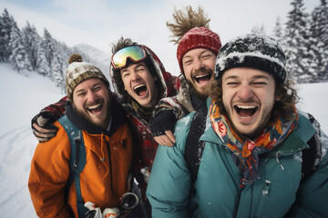 Group of cheerful friends on winter holidays. Skiers having fun on the snow and making selfie.