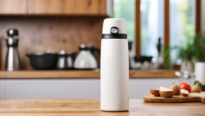 White thermos bottle at wooden table on blurry kitchen background, Backdrop with copy space