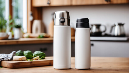 White thermos bottle at wooden table on blurry kitchen background, Backdrop with copy space