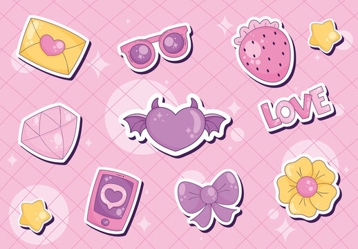 Pink and Yellow Cute Aesthetic Sticker Icon Set