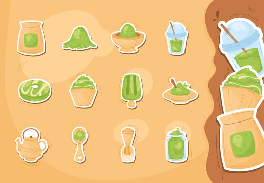 Beige and Green Matcha Stickers Set Cute Hand-Drawn Design