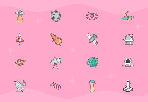 Pink Minimalist Space Astronomy Science Icons Set