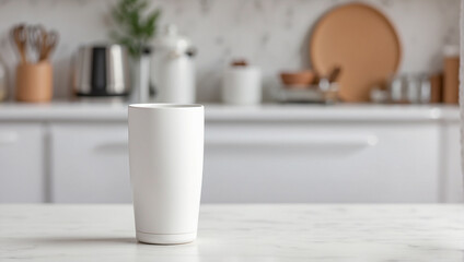 Blank White Tumbler Mockup on blurry kitchen background, Backdrop with copy space