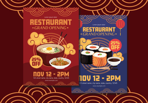 Red and Blue Restaurant Grand Opening Poster Asian Food Theme Design