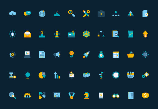 Blue and Yellow Business Strategy and Marketing Icon Set