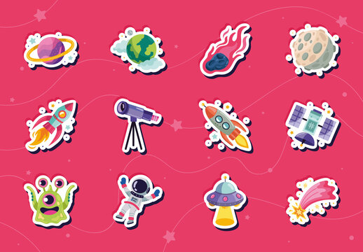 Colorful Cartoon Space Universe Astronomy Sticker Icon Set