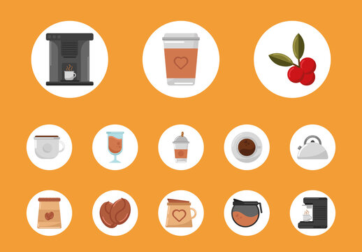 Orange and Brown Coffee Machine and Beverage Icon Set