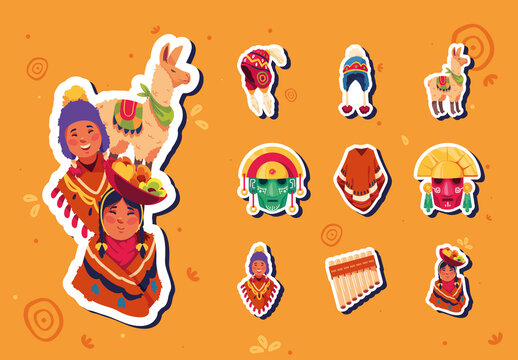 Peruvian Culture Icons Traditional Sticker Set Flat Design