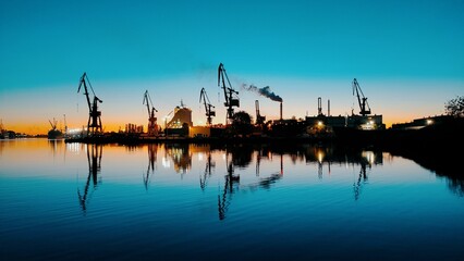 Fototapeta na wymiar View of cranes at a harbour with vivid blue sky reflected in the water