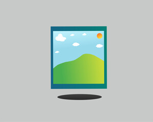 Illustration Digital drawing painting of natural scenery on a gray background, art painting of a landscape in a blue frame.