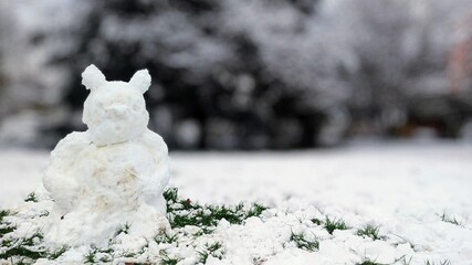 Closeup of a cute snow bear in the park during winter