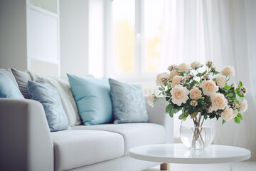 Modern living room design with sofa and furniture. Blurred bright living room with sofa and flowers