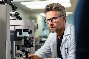 Scientist looking in microscope while working on medical research in science laboratory