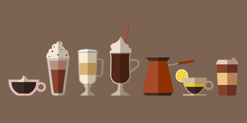 Set of hot and cold drinks. Collection of different coffee types. Cappuccino, latte and coffee with lemon.  Paper mug, cups and glasses. Flat vector icon illustration isolated