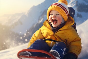 happy little boy sliding down on sledge in winter mountains at sunset