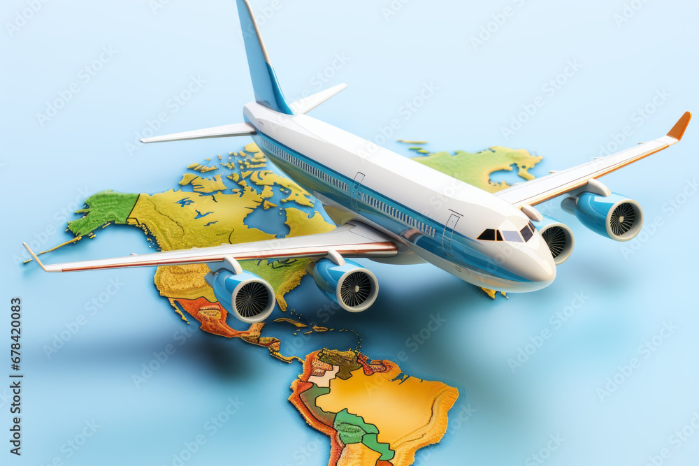 Poster airplane over abstract continents. background with selective focus and copy space