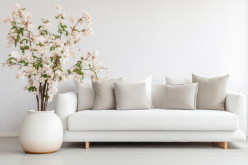 Interior of modern room with comfortable sofa. Blurred Modern white living room interior with sofa, furniture and flowers