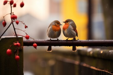 Two cute birds. Background with selective focus and copy space - Powered by Adobe