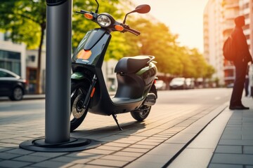 Modern electric moped. Background with selective focus and copy space - obrazy, fototapety, plakaty
