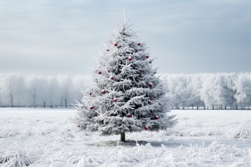 Decorated Christmas tree in a winter snowy forest. Merry Christmas and Happy New Year concept. Background