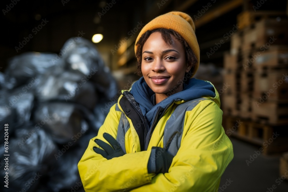 Wall mural a woman at a waste processing plant. garbage collection and disposal. portrait with selective focus 