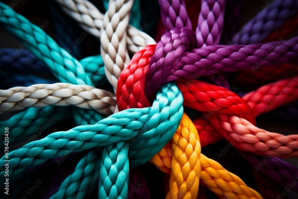 Poster different ropes are woven into a knot. teamwork concept. background with selective focus and copy sp