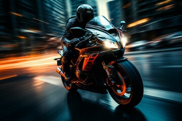 A motorcyclist races at speed on a motorcycle. Background with selective focus and copy space