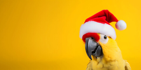 cute yellow cockatoo parrot in a Christmas hat on a plain yellow background,the concept of an advertising banner,copy space - obrazy, fototapety, plakaty