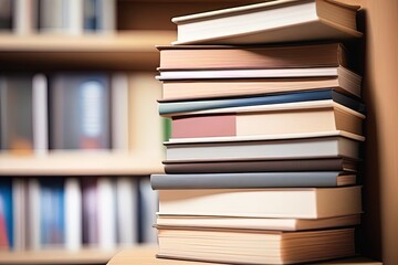 Stack of books on shelf in library, closeup. Education concept