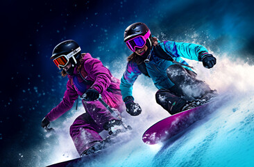 Sport background. Winter sport. Snowboarders jumping through air with deep blue sky in background.