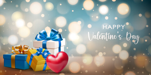 Valentine's day illustration with big red heart and several colored gift boxes with ribbons and bows on a blurred background with bokeh effect