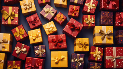 Red and yellow gift boxes on a blue background. Top view.