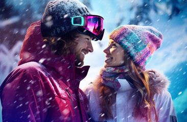 Loving Couple in ski equipment on mountain.