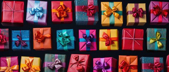 Variety of colorful gift boxes on black background. Top view.