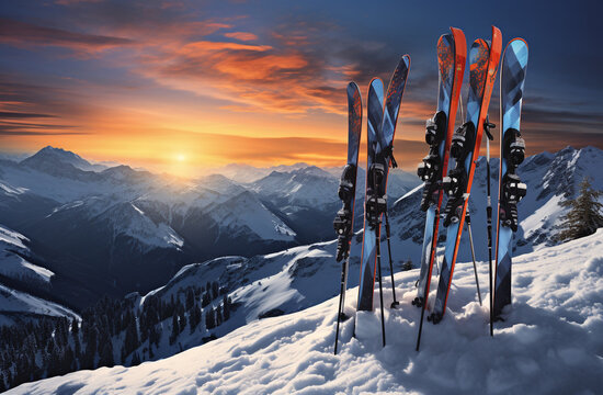 Ski in winter season, mountains and ski touring backcountry equipments on the top of snowy mountains.