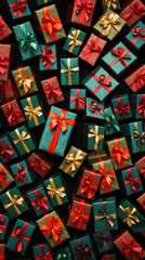 Colorful gift boxes with ribbons and bows on a dark background.