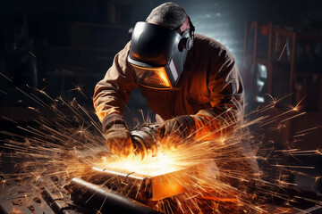 Worker or welder in the metallurgical industry performing welding in his workshop. metal processing Sparks