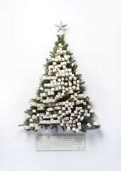 Christmas tree made of fir branches with ornaments made of Keyboard keys on isolated white background. Invitation, greeting or gift Xmas card. Computer store or repair service.