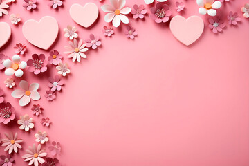 white and pink hearts and flowers spread over a light pink background, love is in the air, valentines theme, copy space