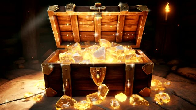 Treasure chest open with crystal gold surrounding video footage beautiful view background looping scenery 4k quality	