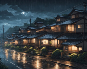 Japanese houses lined up at night when it rains. Without people, with anime drawing style