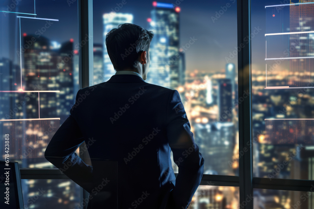 Poster a reflective businessman is positioned within an abstract office setting, surrounded by a luminous c