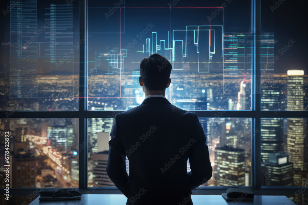 Poster pensive businessman positioned in an abstract office setting, surrounded by a glowing chart and a ni