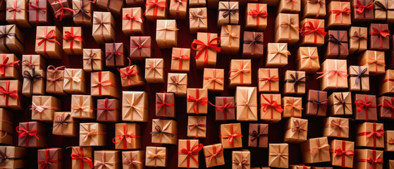 Many gift boxes tied with red ribbons on a dark background.